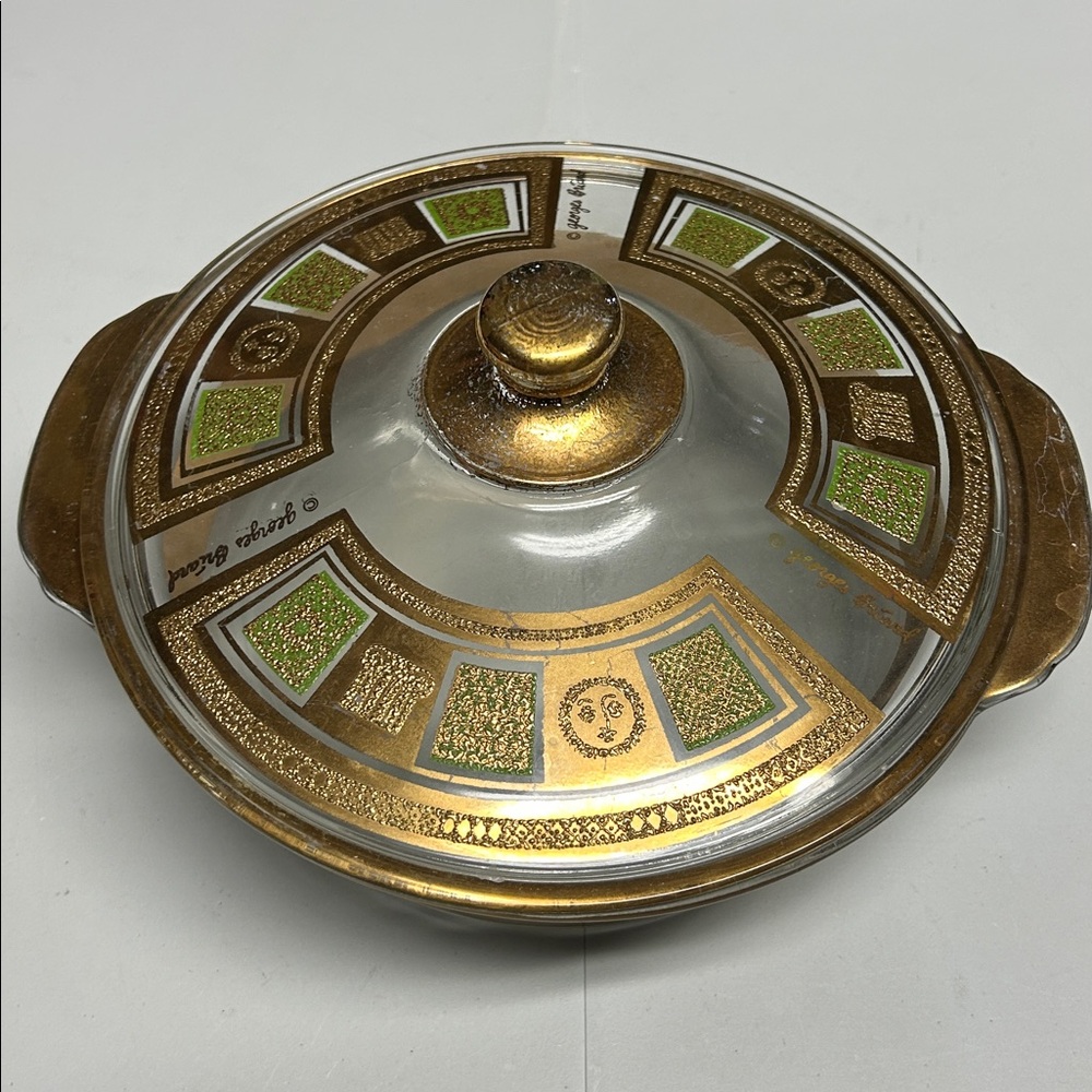 Vintage fire king George’s briard covered dish glass MCM gold green